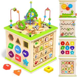 ATOYUS Wooden Activity Cube, 6-in-1 Montessori Toys for 1+ Year Old Toddler, Large size