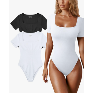 OQQ Women's 2 Piece Bodysuits Sexy Ribbed One Piece Square Neck Short Sleeve Bodysuits,
Color: Black White, Size: XL