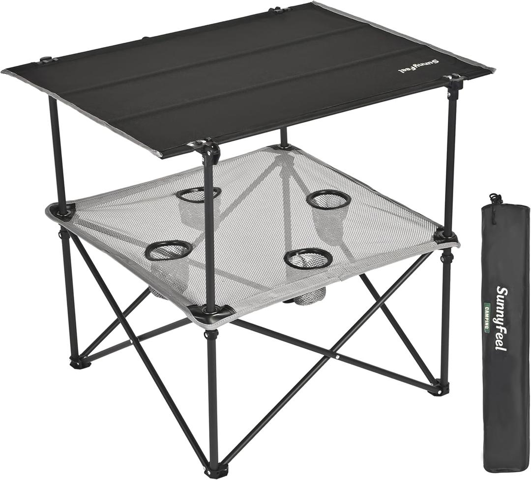 SUNNYFEEL Folding Camping Table- Collapsible Portable Beach Table with 4 Cup Holders & Carry Bags, Tailgate Table for Outdoor Excursion Picnic Hiking Fishing Travel Parties, Black