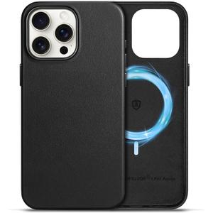 SHIELDON Case for iPhone 15 Pro Max 6.7", Genuine Leather Magnetic Wireless Charging Slim Fit Non-Slip Anti-Scratch Shock-Absorbent Case with Metal Buttons Compatible with iPhone 15 Pro Max 5G - Black