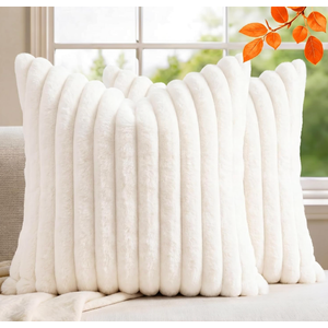 Pack of 2 Throw Pillow Covers 18x18 Decorative Solid Plush Faux Fur with Soft Velvet Back, Square Striped Cushion Cases Modern Farmhouse Home Decor for Living Room Couch Sofa Bed Cream White