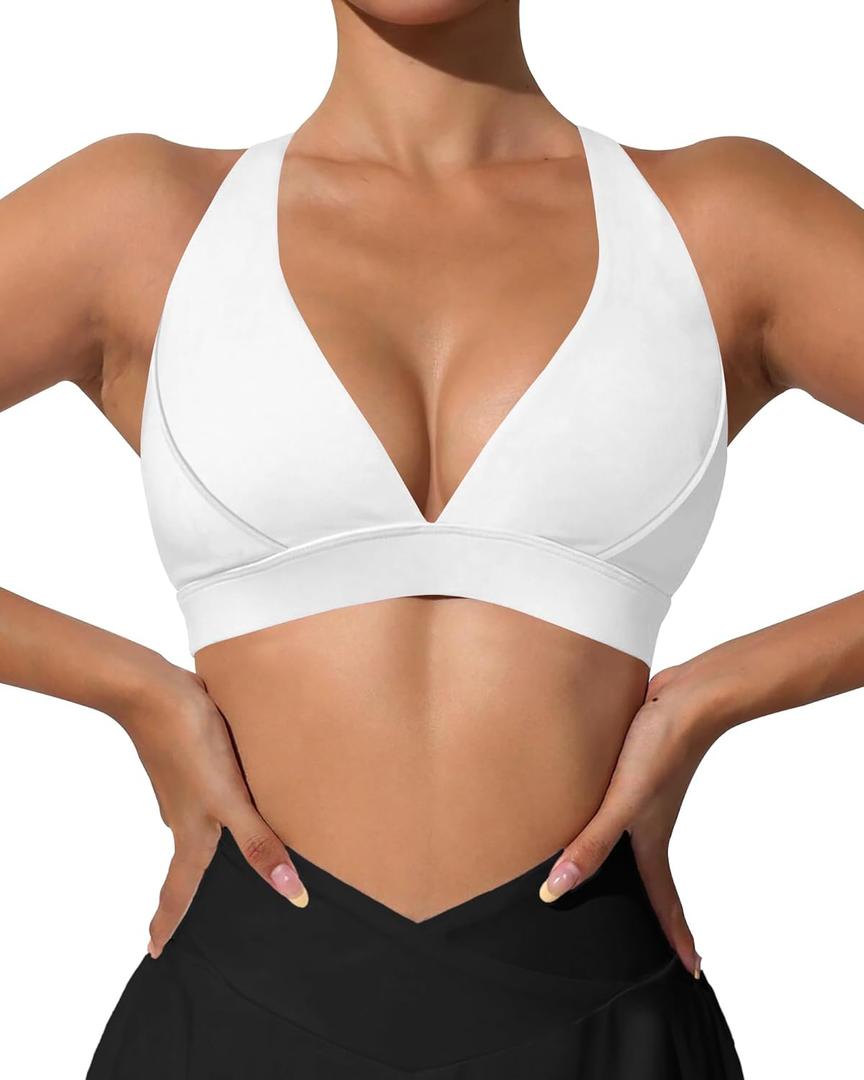 XUNYU V Neck Sports Bras for Women Racerback Padded Workout Top Open Back Yoga Crop Tank Tops Built in Bra (Green, XL)