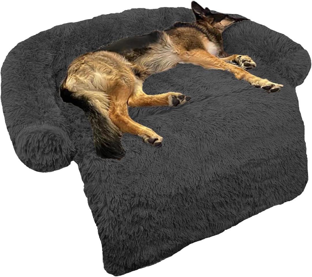 Calming Dog Bed Fluffy Plush Dog Mat for Furniture Protector with Removable Washable Cover for Large Medium Small Dogs and Cats (Large(45x37x6), Dark Grey)