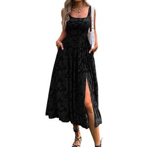 Mieazom Women's Summer Floral Boho Flowy Slit Maxi Dress Square Neck Drop Waist Beach Vacation Long Sundress with Pockets (Black, XL)