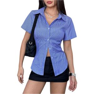 SweatyRocks Women's Striped Short Sleeve Button Down Shirts Business Work Fitted Collared Blouse (Blue, S)