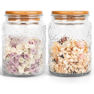 GUEQUITLEX Vintage Glass Jar with Lid, 24oz Food Storage Containers 2 Pack Clear Mason Jars With Airtight Lid for Kitchen Counter,Food Storage, Dry Food, Snacks, Candies, DIY Projects