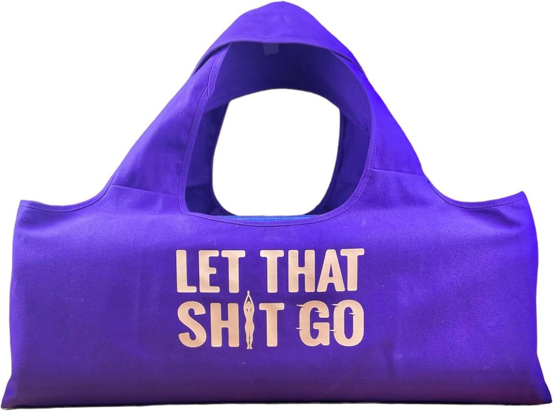 Yoga Bag, Exercise, Tote, Large Carrier, Shoulder Strap, Inner Pocket, Fits Most Mats, Recycled Cotton Canvas (Purple-Let That Go)