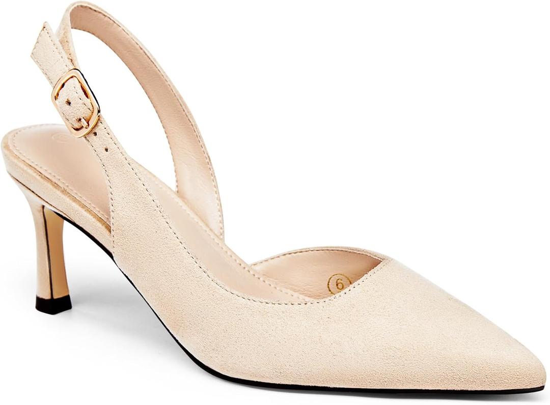 Womens Slingback Heels Low Kitten Pumps Pointed Toe Stiletto Elegant Office Dress Shoes (7, Apricot)