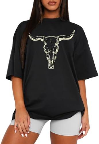 MAPICK Women Boho Cow Skull T-Shirts Western Cowgirls Graphic Crewneck Shirts Country Concert Short Sleeve Outfits XL