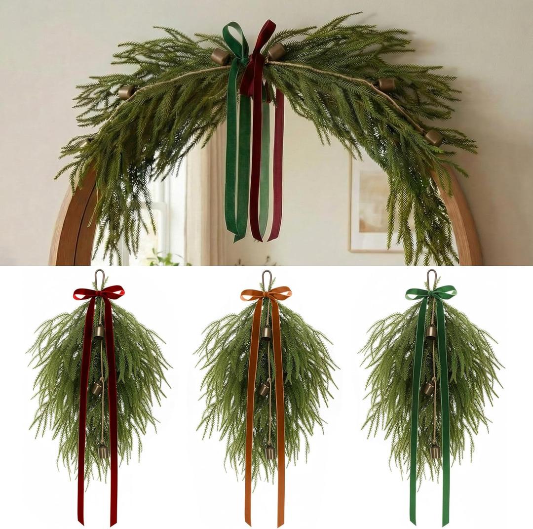 20.8" Christmas Teardrop Swag with Velvet Ribbon Bow Rustic Vintage Bell Artificial Norfolk Pine Needle Wreath for Window Mirror Outdoor Wall Front Door Mantle Decor (Khaki, Green, Burgundy)