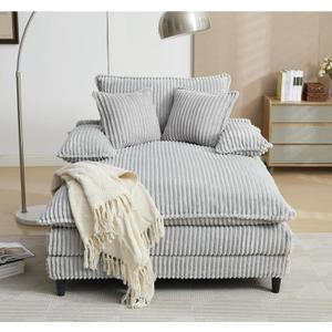 54.8" Oversized Chaise Lounge Chair Cozy Sleeper Sofabed, Plush Corduroy Upholstered Cloud Lounge Sofa Daybed with Detachable Pillow Armrest and 4 Angles Adjustable Backrest (Gray 54.75")