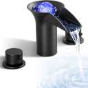 LED Bathroom Faucets 3 Hole Waterfall Bathroom Sink Faucet, 8 inch Widespread Modern Vanity Faucet with Light, 2 Handle Bathroom Faucet & Parts, Matte Black