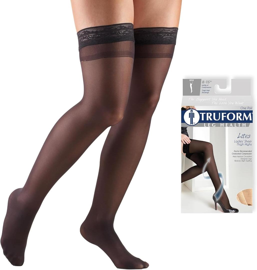 Truform Sheer Compression Stockings, 8-15 mmHg, Women's Thigh High Length, 20 Denier, Black, Large