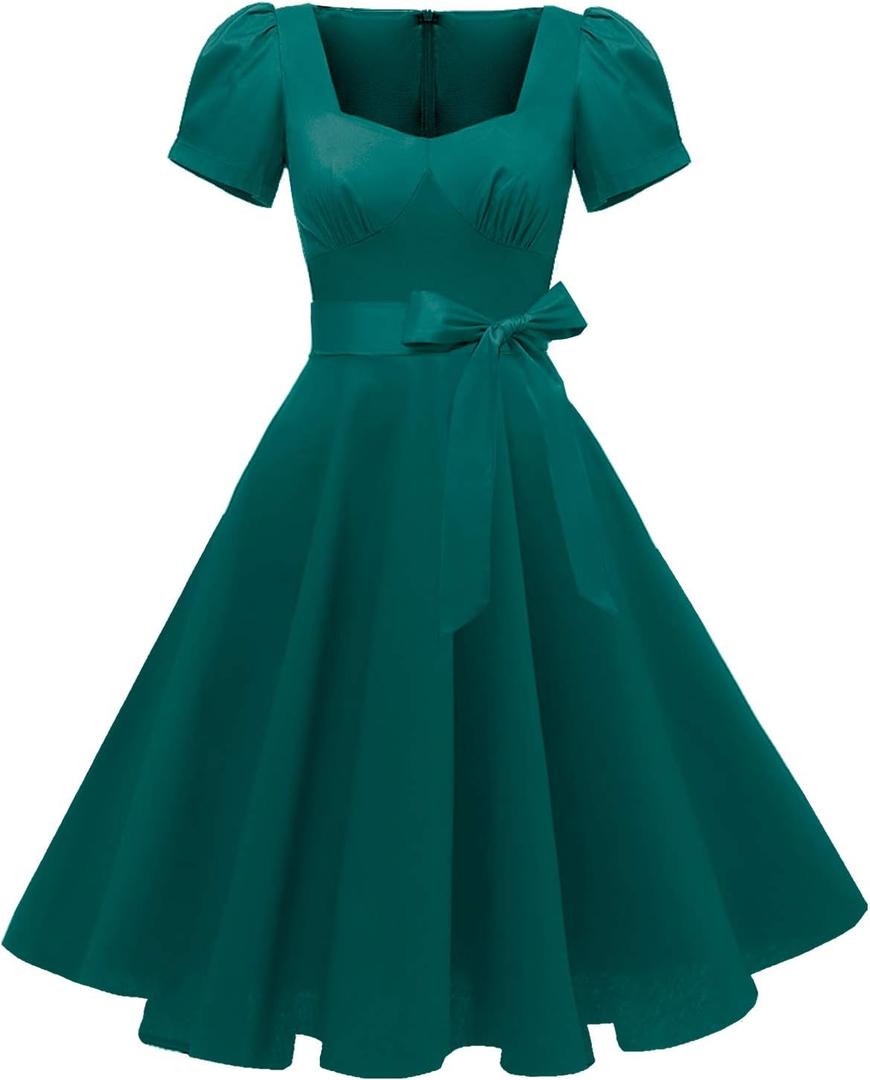 GOOBGS Women's 1950s Vintage Puff Sleeves Cocktail Rockabilly Swing Retro Dress with Pockets New (Green, Small )
