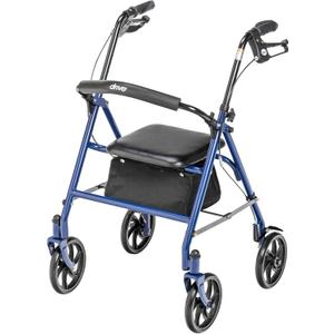 Drive Medical 10257BL-1 4 Wheel Rollator Walker With Seat, Steel Rolling Walker, Height Adjustable, 7.5" Wheels, Removable Back Support, 300 Pound Weight Capacity, Blue