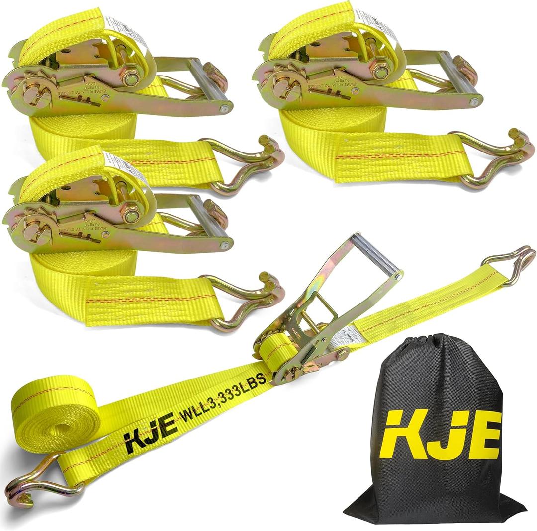 KJE Ratchet Straps Heavy Duty(4 Pack), 2" x 15' Ratchet Strap 10,000 Lbs Max Break Strength, Tie Down Ratcheting with J-Hook, Cargo Straps for Truck, Trailer, Moving Appliances