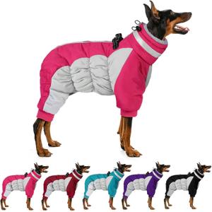 MIGOHI Full Body Dog Coat - Warm Reflective Winter Coat for Medium Dogs with Harness, Turtleneck Dog Fleece Jacket,Four-Leg Windproof Puffer Jackets Snowsuit with Zipper (Large(Back:16.9"), HotPink)