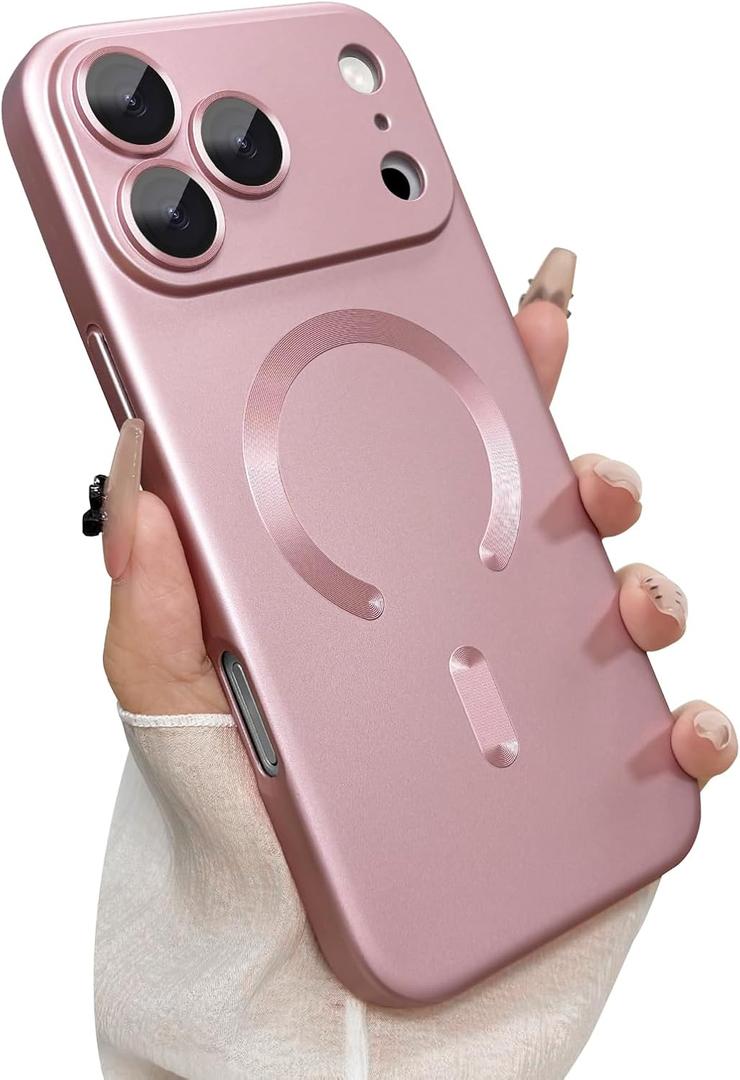 Magnetic for iPhone 17 Pro Case, with Camera Lens Protector, Compatible with Magnetic, Slim Shockproof Bumper Soft Silicone Metallic Luster Phone Case for iPhone 17 Pro, Pink