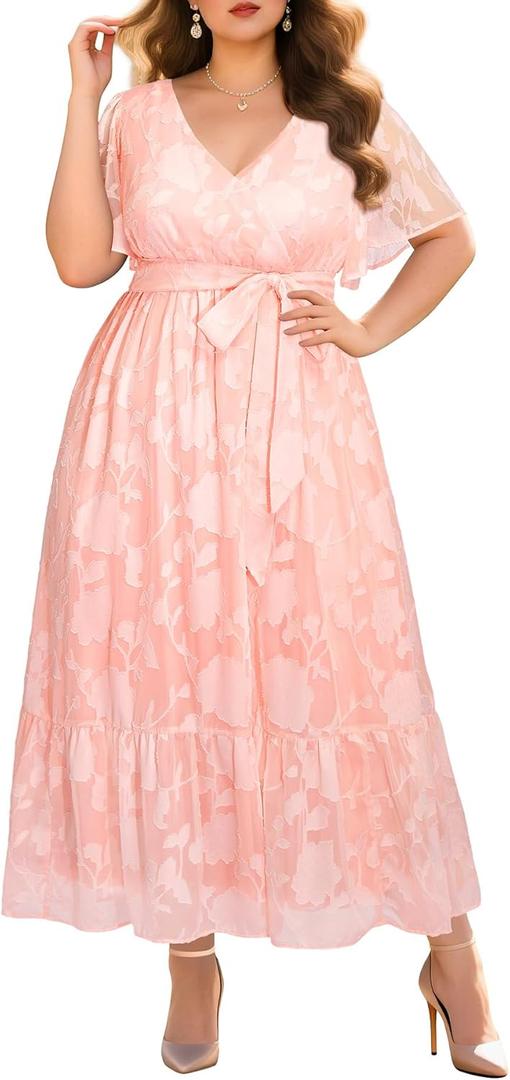 Pinup Fashion Plus Size Dresses for Wedding Guest - 2025 Cocktail Semi Formal Summer Wrap V Neck Maxi Dress (Pink) 24W Pinup Fashion Plus Size Dresses for Wedding Guest - 2025 Cocktail Semi Formal Summer Wrap V Neck Maxi Dress (Pink) 24W