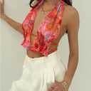 GORGLITTER Women's Floral Halter Top Y2k Mesh Ruffle Tie Backless Sleeveless Going Out Crop Tops (M)