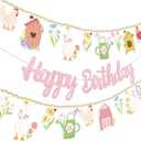 Pink Glitter Farm Themed Happy Birthday Banner Set - Goose Chicken Barn Garland One Silly Goose Birthday Decor Girl Tea Party Decorations for Spring Garden Farm Animal Birthday Party Supplies