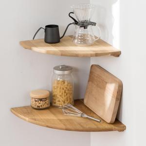 Corner Shelves, Floating Corner Shelf, Set of 2 16inch Solid Oak Wood Wall Shelves, Round End Wall Mount Display Shelf with Wire Hole for Bedroom Kitchen, Living Room (Oak, 16in 2P)