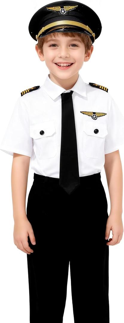 Airline Pilot Costume for Kids Airline Captain Uniform for Halloween Career Day Dress Up Birthday Gifts (3-4 Years)