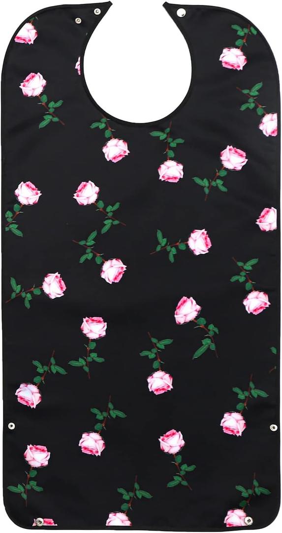Pafusen Waterproof Washable Adult Bibs for Elderly Women, Reusable Large Adult Bibs for Eating with Snaps, Feeding Bibs for Adults Senior Citizens with Crumb Catcher, Clothing Protector (Pink Flower)