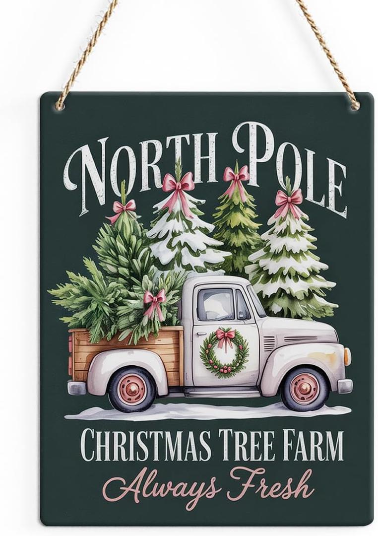 Winter Decorations for Home,Pink Bow Truck Christmas Wall Decorations,Winter deocr,Xmas Tree Wooden Wall Decor North Pole Sign Vintage Art Home Office Farmhouse Living Room Hanging Wooden Decor