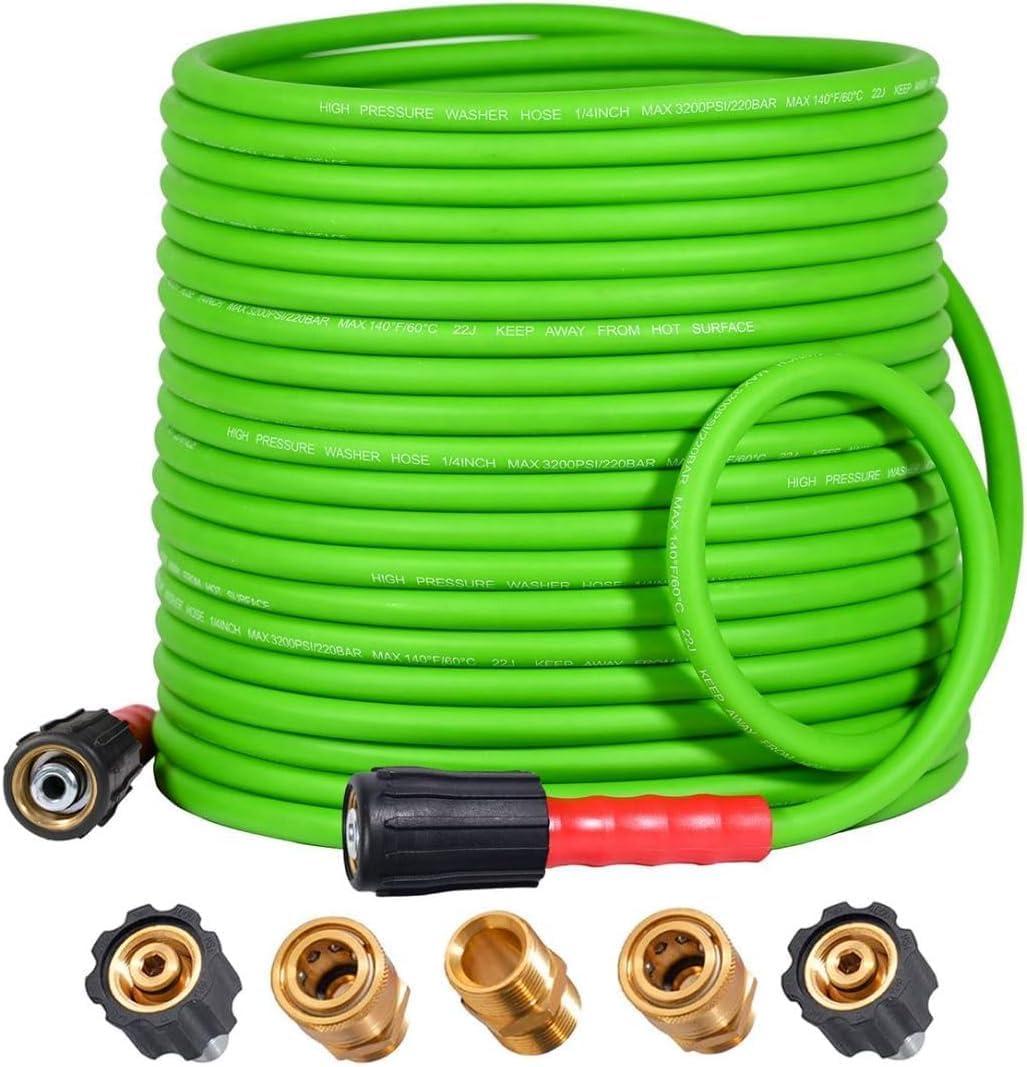YAMATIC Super Flexible Pressure Washer Hose 75FT 3200 PSI for Power Washer Replacement, Kink Resistant Extension With Leak-Free M22 Female & 3/8" Quick Connect Adapters, 1/4", Green