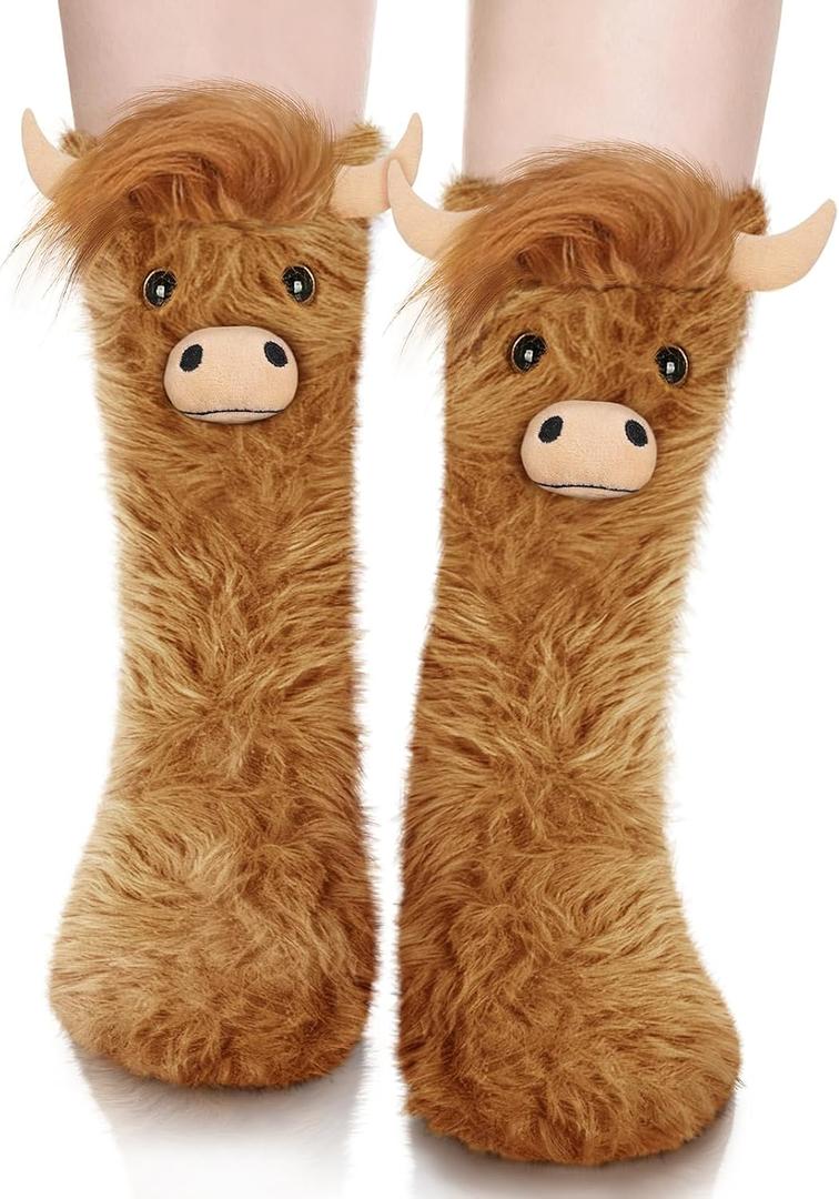 Funny Highland Cow Fuzzy Socks for Women and Teen Girls - Cute Birthday Gifts for Mom Girlfriend Slipper 3D Animal Bed Warm Cozy Fuzzy Socks for Winter -Gifts Ideas for Christmas Stocking