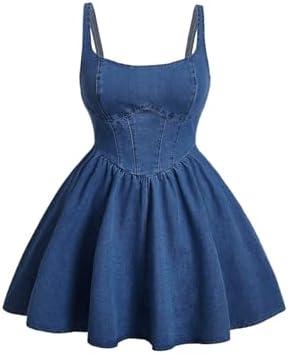 SOLY HUX Women's Plus Size Scoop Neck Denim Dress Sleeveless A Line Flowy Mini Jean Dresses 1XL Plain Blue