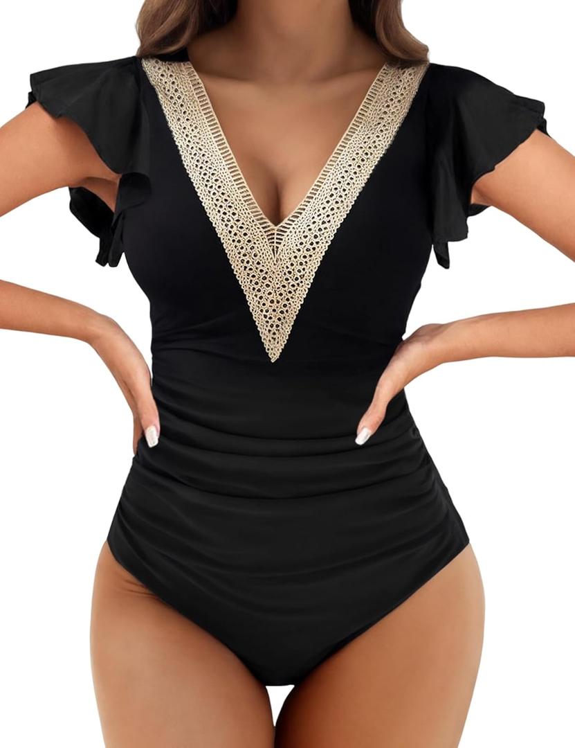 Buauty Womens One Piece Swimsuits Tummy Control Bathing Suits Deep V Lace Neckline Ruffle Swimwear Women 2025 (Large, Black)