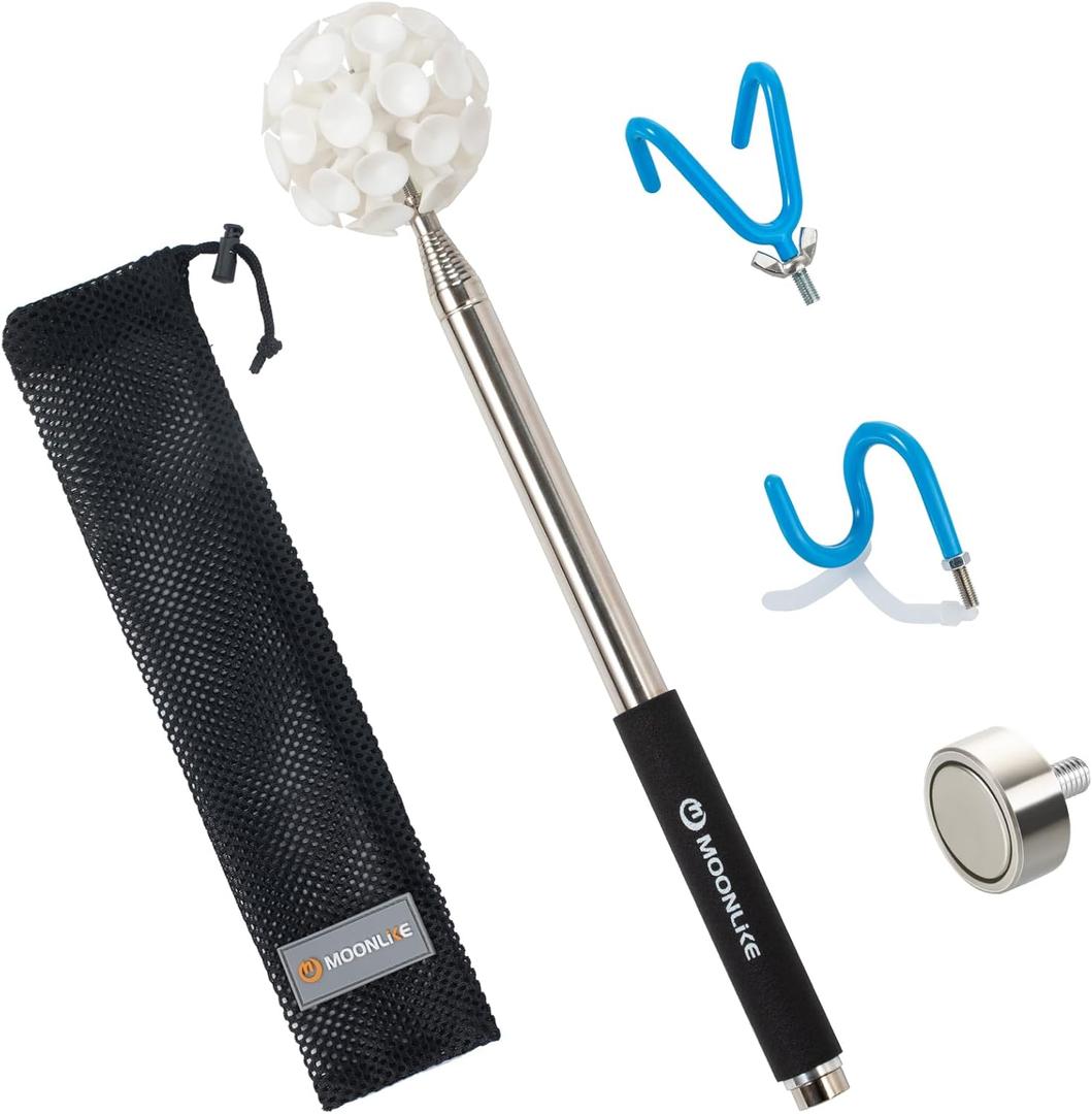 Telescoping Pickup Grabber Tool Magnetic Pole with a Suction Cup Ball, 2 Hook and a Magnet, 10 ft Telescopic Hook Pole Wire Reacher Tool Push Pull Rod, Disc Golf Retriever Pole