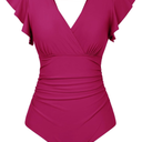 GRACE KARIN Women's One Piece Swimsuit Tummy Control Swimsuits V Neck Wrap Bathing Suits Ruched Ruffle Swimwear Wine Red S