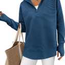 PRETTYGARDEN Womens Long Sleeve Quarter Zip Pullover Sweater Casual Loose V Neck Collared Ribbed Knit Jumper Tops Thumb Hole (X-Large, Dark Blue)