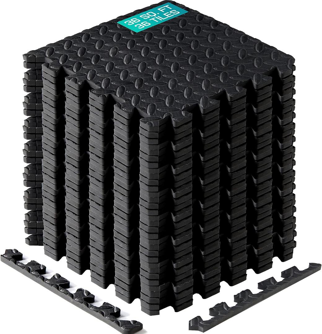 Yes4All Interlocking Exercise Foam Mats with Border  Interlocking Floor Mats for Gym Equipment  Eva Interlocking Floor Tiles - 36 Square Feet (36 Tiles) - Black