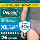 Depend Fresh Protection Adult Diapers, Incontinence Underwear for Men, Disposable, Maximum, ExtraLarge, Grey, 26 Count