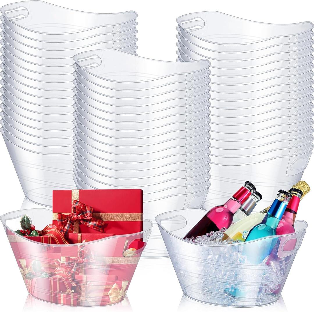 Norme 48 Pcs Oval Storage Tub with Handles, 4.5L Plastic Clear Ice Bucket Wine Beer Champagne Bottle Drink Cooler Tub for Christmas Parties Beverage, Storage Basket Gift