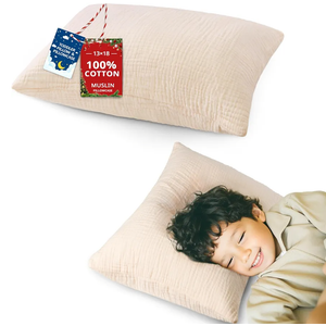 Pro Goleem Toddler Pillow with Muslin Cotton Pillowcase, 13x18 Soft Toddler Pillows for Sleeping Kids Pillow Child Pillow Machine Washable Perfect for Bed, Toddler Cot and Travel, Beige