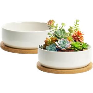 ZOUTOG Plant Pot 6 Inch, Ceramic Succulent Pots for Flower with Drainage and Tray, Succulent Planters for Indoor Plants White Round with Home, Office, Pack of 2