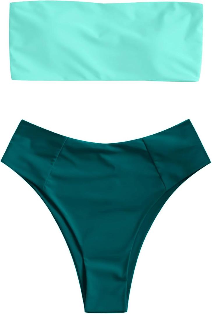 ZAFUL Women's High Cut Bandeau Bikini Set Strapless Solid Color 2 Pieces Bathing Suit Swimsuit (X-Large, 0-dark Green Colorblock)