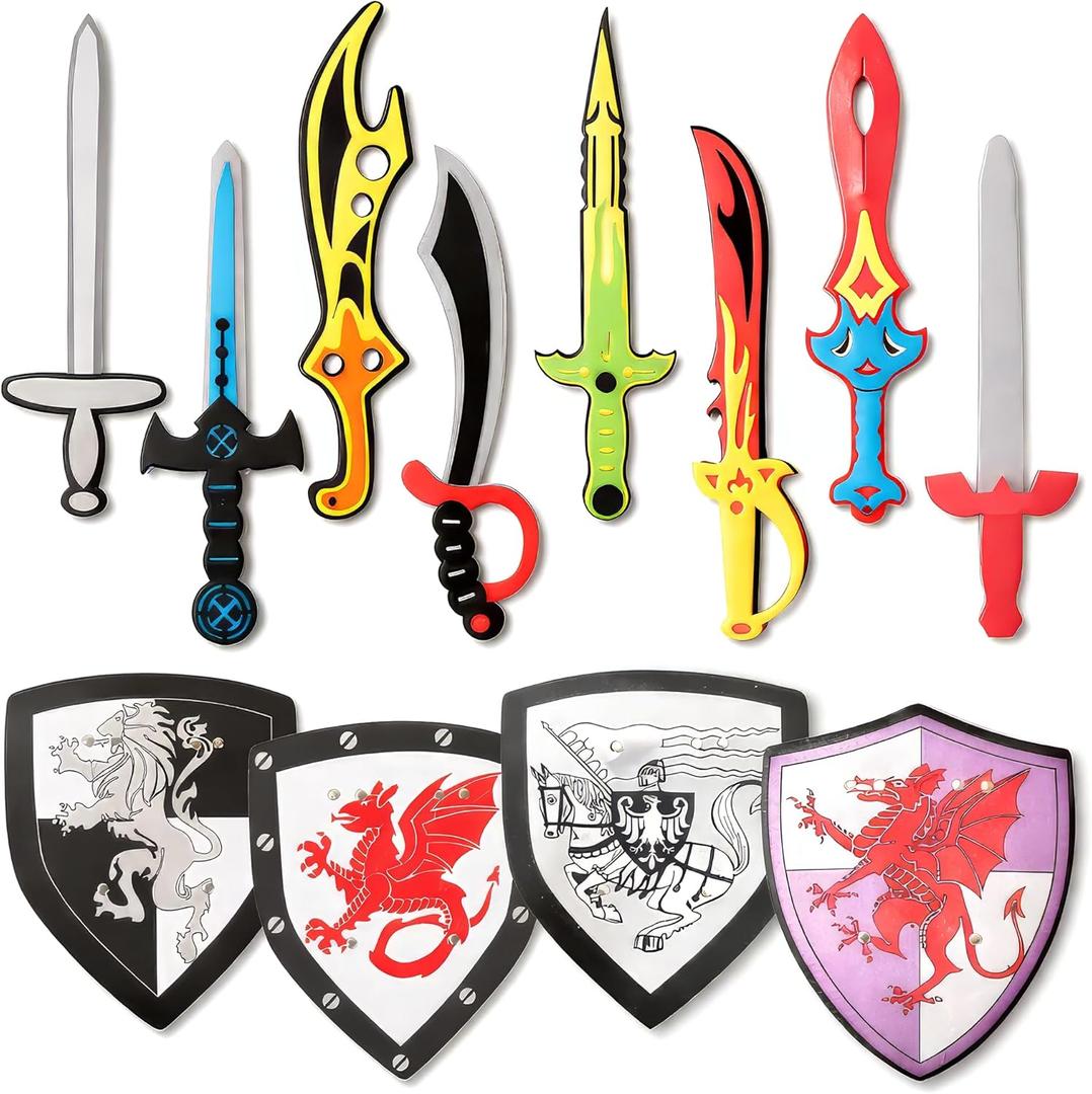 Liberty Imports 12 Pack Foam Swords and Shields Playset, Medieval Combat Ninja Warrior Weapons Costume Role Play Accessories for Kids Party Favors