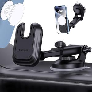 pop-tech Socket Phone Dashboard Mount: Suction Cup Cell Phone Holder fits Dash Windshield Window - Black Universal Car Automobile Cradle for iPhone 16 Samsung Smartphone (Socket Grip Not Included)