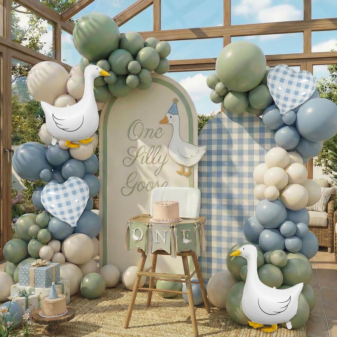 One Silly Goose Balloon Arch Kit Sage Green Dusty Blue Balloon Garland with Goose gingham heart balloons, Vintage Goose Baby Shower Decorations, Boy or Girl Birthday Party Decor (146PCS)