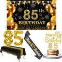 85th Birthday Decorations Men Women with 85th Birthday Banner, Black and Gold Table Cloth, Number Balloons, Sash, Cake Topper and Candles