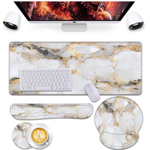 Keyboard Wrist Rest and Mouse Pad Wrist Support Set,Ergonomic Memory Foam Wrist Pad & Non Slip Base for Home Office Working Studying Easy Typing,Pain Relief,White Gold Marble, 4 in set