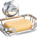 LEVERLOC Soap Dish, Soap Bar Holder for Shower Suction Cup Wall Mounted, Stainless Steel No-Drilling Removable Waterproof Sponge Holder for Bathroom Bathtub Kitchen Sink, Keep Dry, Silver (5.7" * 4.8")