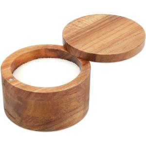 KITCHENDAO Acacia Wood Salt Cellar Bowl Box, Elegant Kitchen Holder Container with Swivel Magnetic Lid to Store Favorite Seasonings Pepper Spice or Bath, 6oz (Acacia(No Spoon))