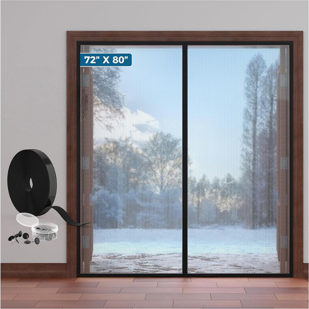 Magnetic Thermal Insulated Door Curtain - Fit Door Size 72x80 Inch Waterproof Bubble Wrap Door Cover Light Filtering Screen Door, Keep Warm in Winter Cool in Summer, Kid & Pet Friendly (Black)